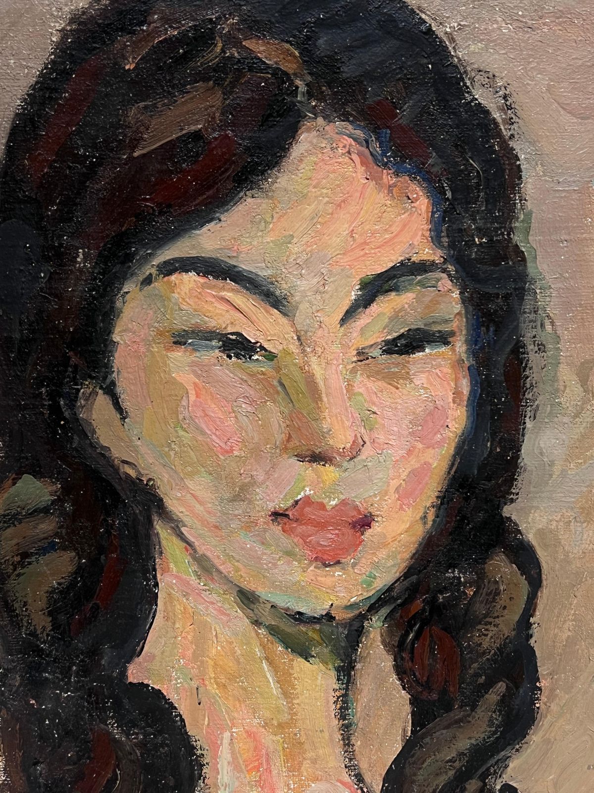 Suzanne Dinkesfrench Mid Century Oil Painting Portrait Nude Woman With Long Dark Hair1950's photo for sale