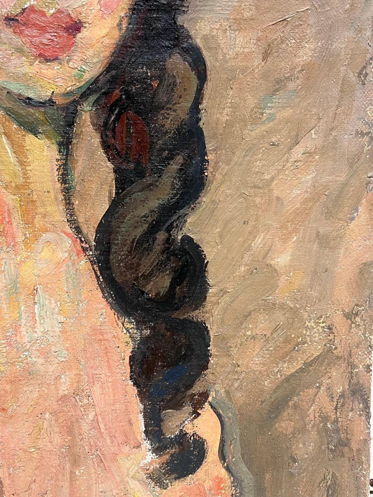 Suzanne Dinkesfrench Mid Century Oil Painting Portrait Nude Woman With Long Dark Hair1950's photo vinterior