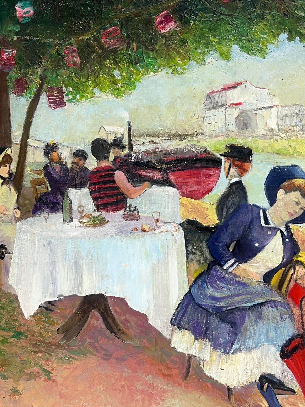 French Belle Epoqueelegant Parisian Figures Enjoying Open Air Riverside Cafe Antique French Oil photo Art
