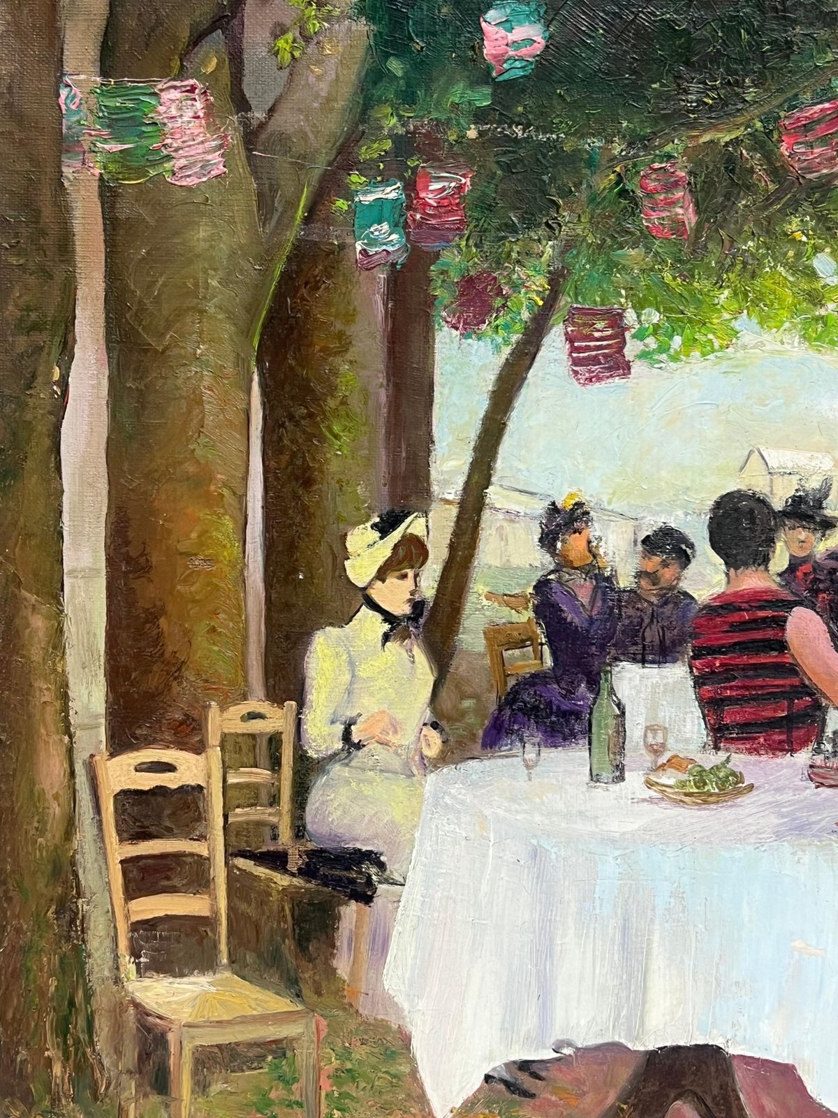 French Belle Epoqueelegant Parisian Figures Enjoying Open Air Riverside Cafe Antique French Oil photo vintage