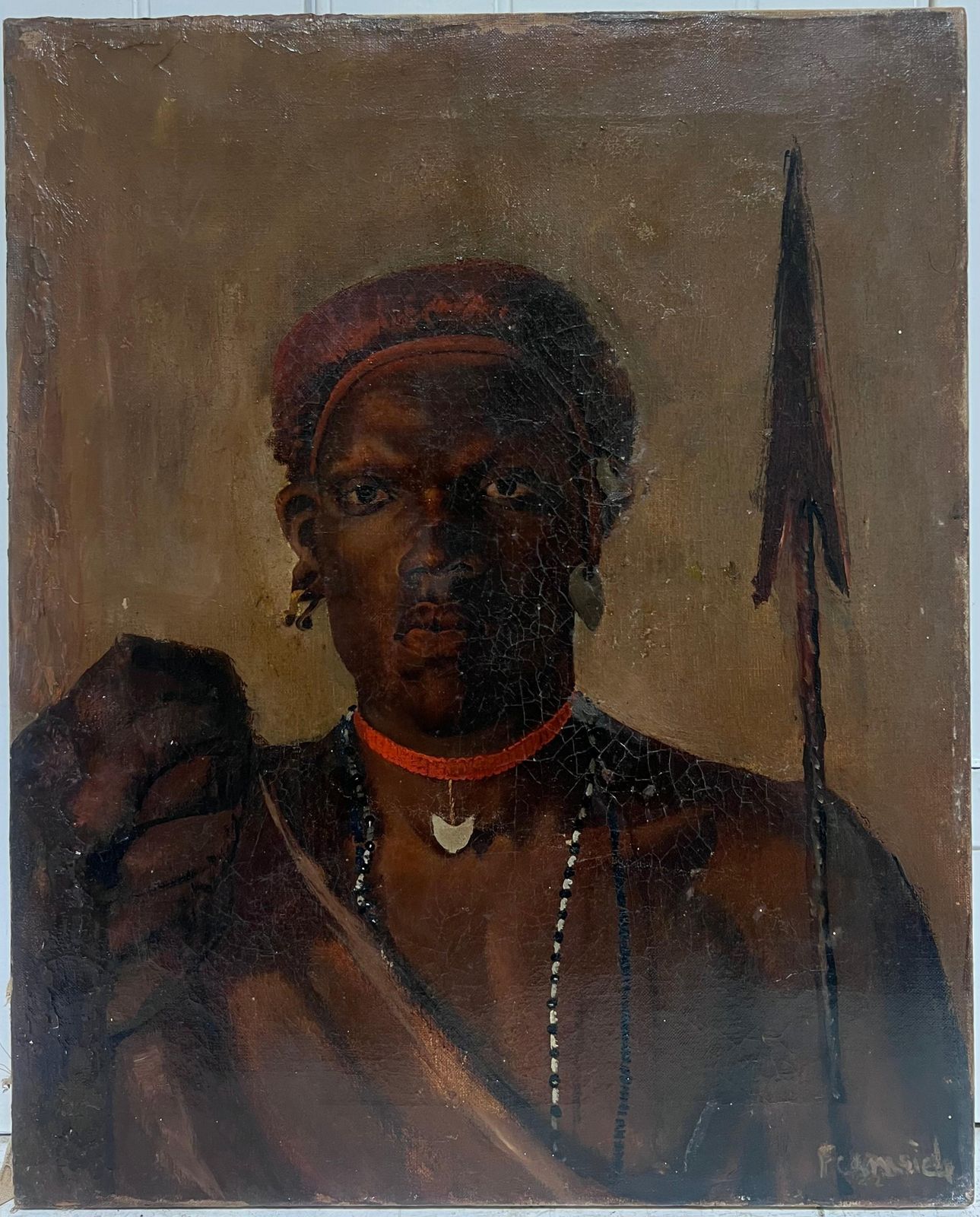 British Schoolantique Signed British Oil Painting Portrait Of A Warrior With A Spear photo furniture