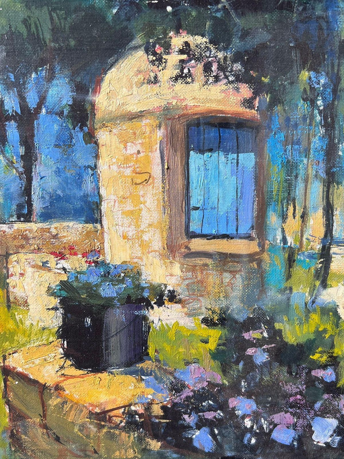 Pierre Neveusunlit Garden With Stone Well And Flowers Beside Shade Trees French Oil Painting photo for sale