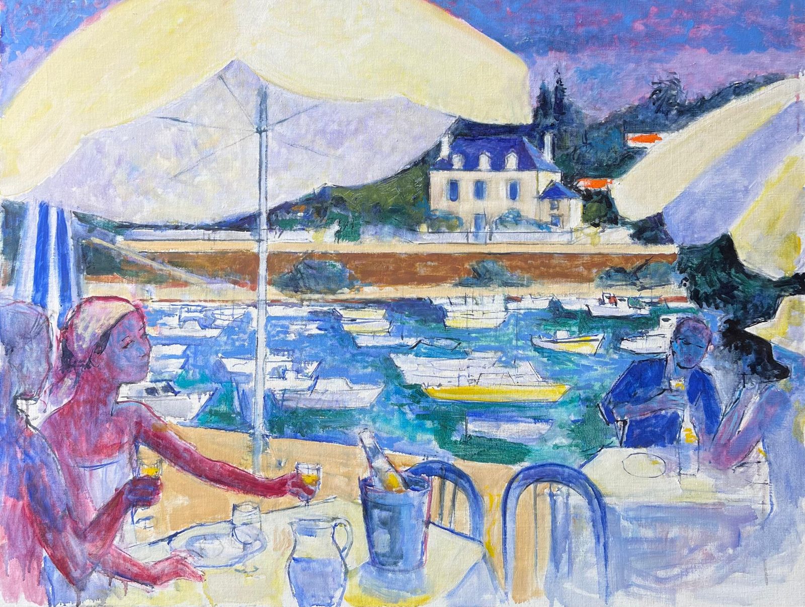 Pierre Neveuseaside Cafe Scene With Diners Overlooking Boats And Villa A French Oil Painting