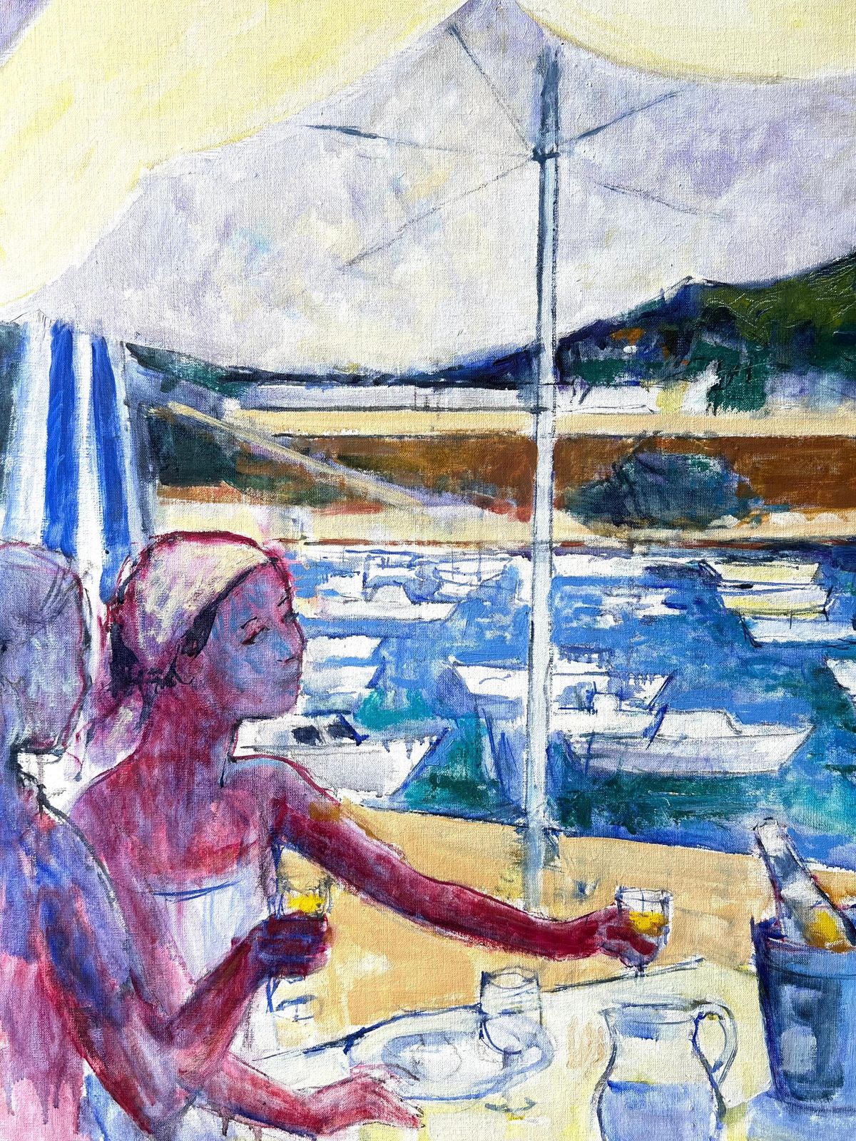 Pierre Neveuseaside Cafe Scene With Diners Overlooking Boats And Villa A French Oil Painting photo for sale