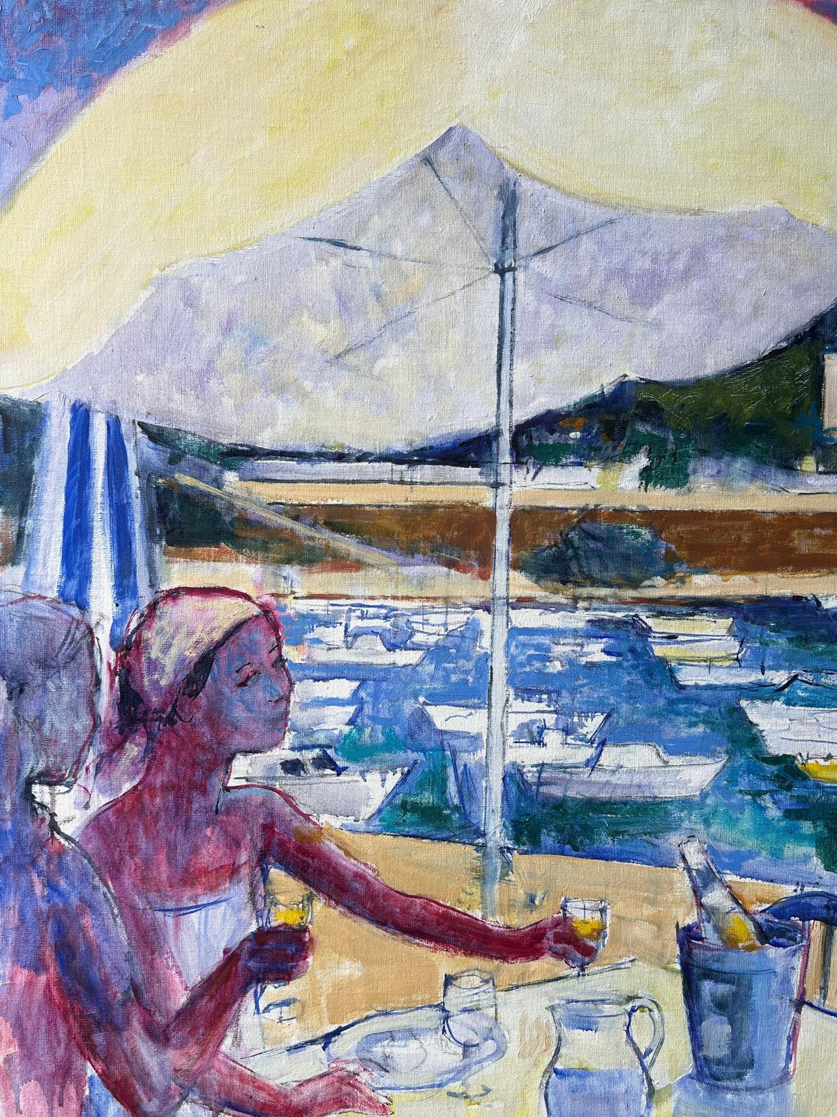 Pierre Neveuseaside Cafe Scene With Diners Overlooking Boats And Villa A French Oil Painting photo Art