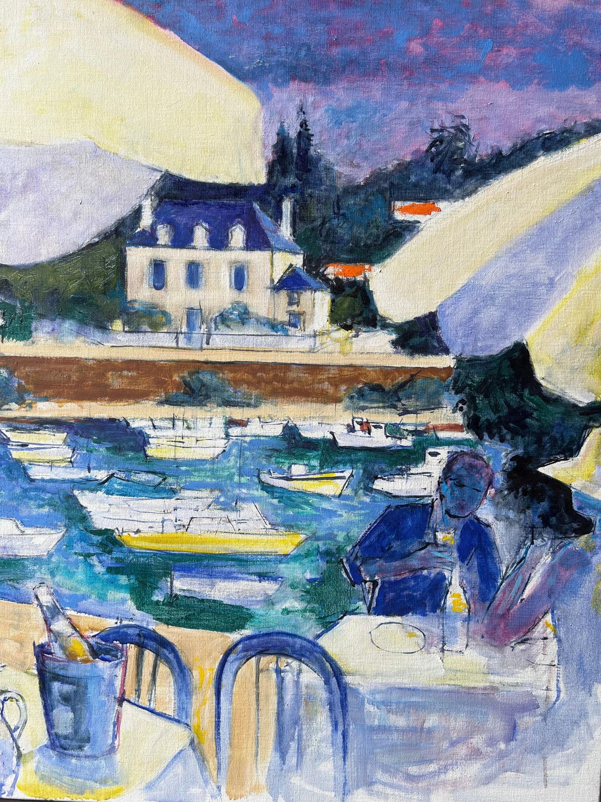 Pierre Neveuseaside Cafe Scene With Diners Overlooking Boats And Villa A French Oil Painting photo vinterior