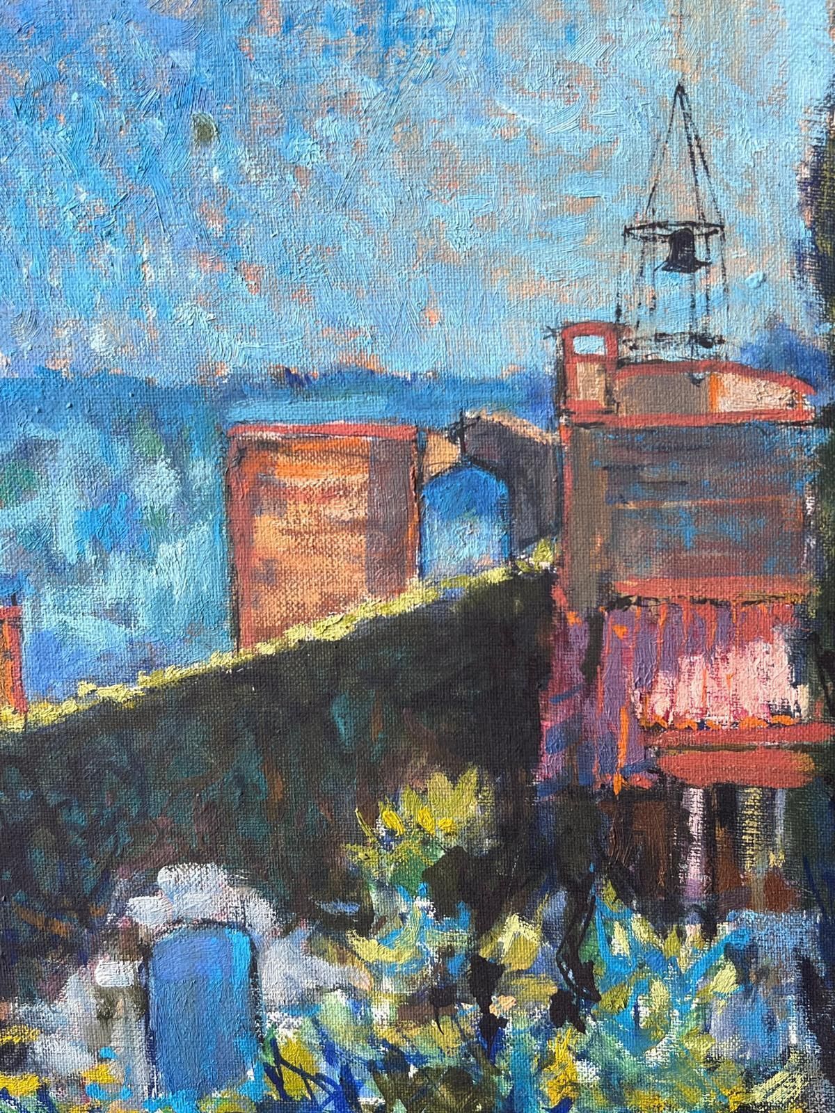 Pierre Neveusunny Rooftop View With Stone Arch And Blue Sky Above A Town French Oil Painting photo for sale