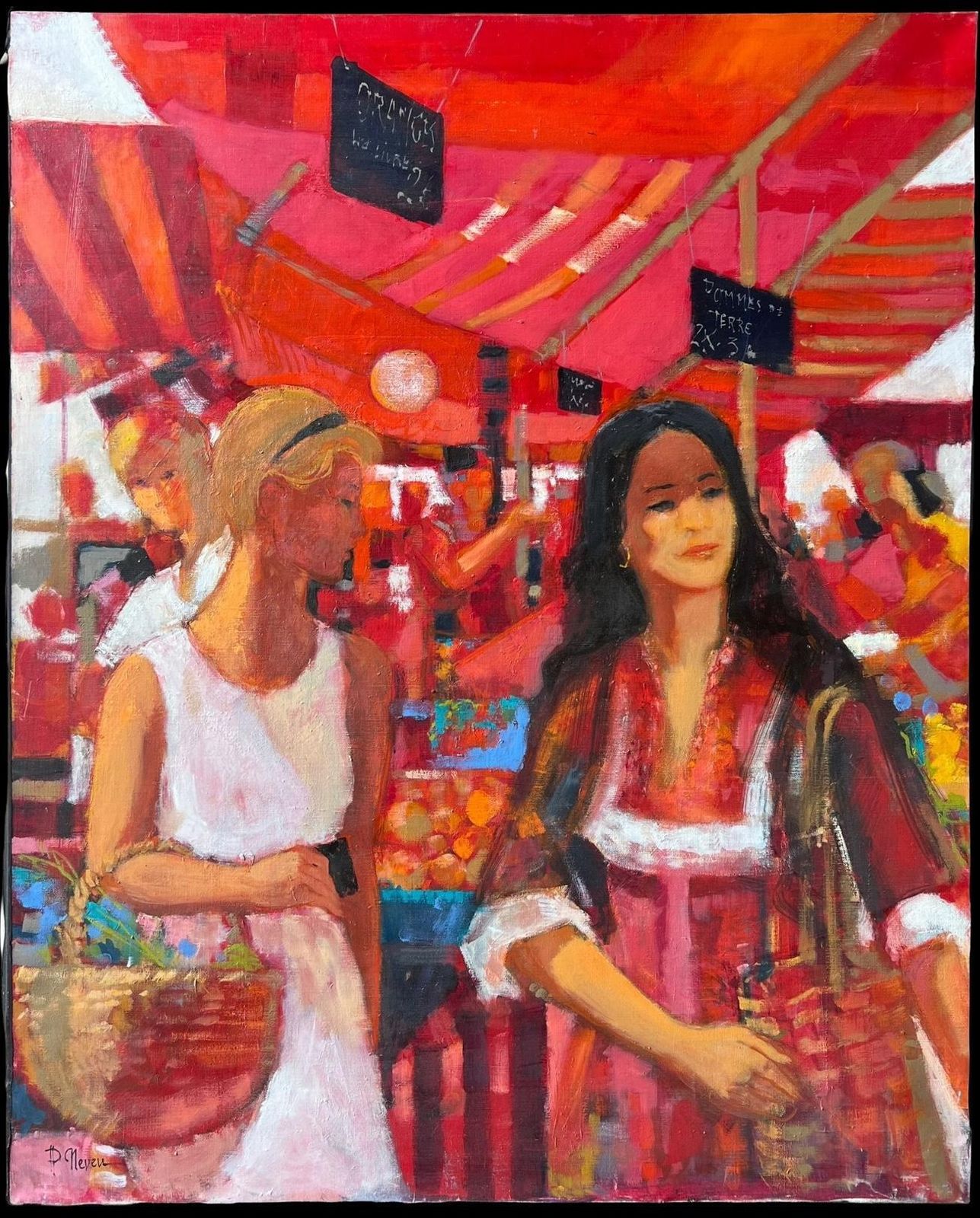 Pierre Neveuwomen Strolling Through Bright Red Market Stalls Filled With Produce French Oil photo furniture