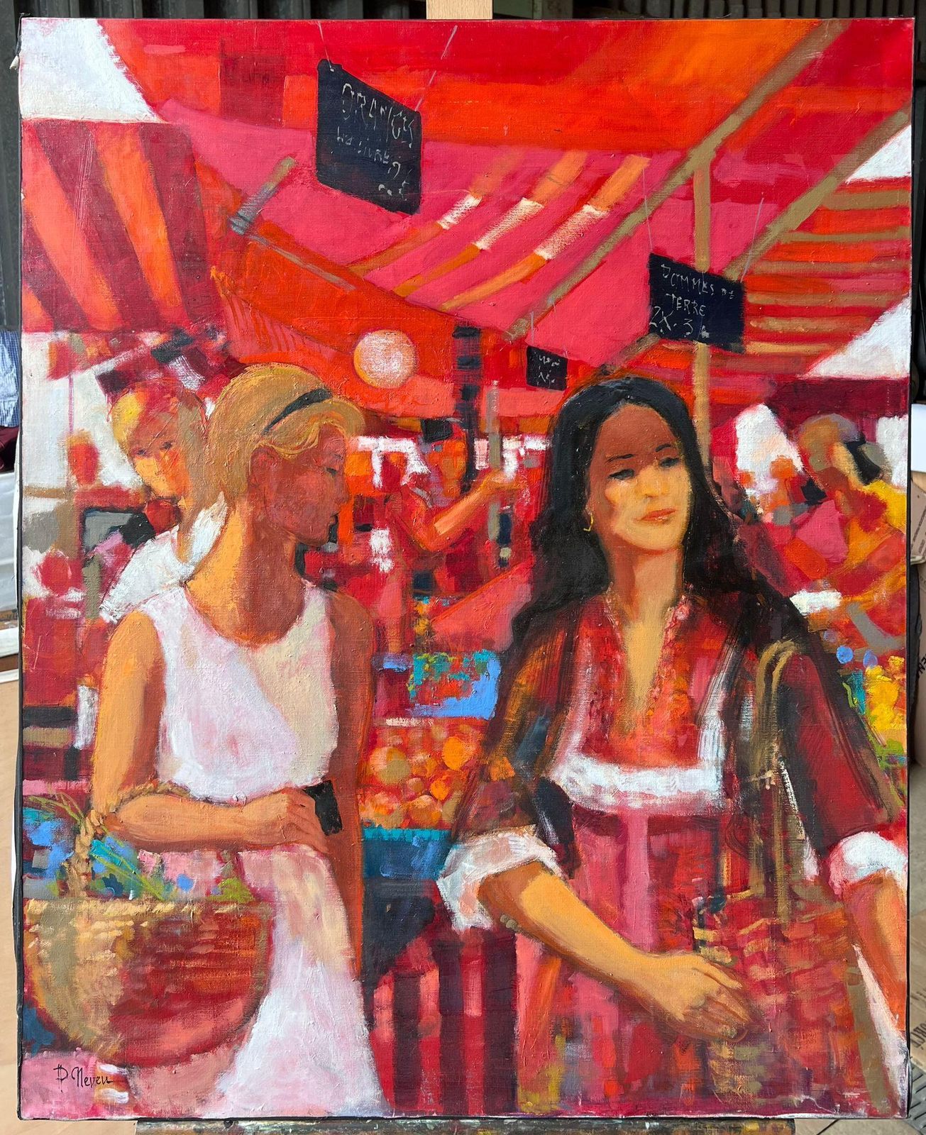 photo for sale Pierre Neveuwomen Strolling Through Bright Red Market Stalls Filled With Produce French Oil