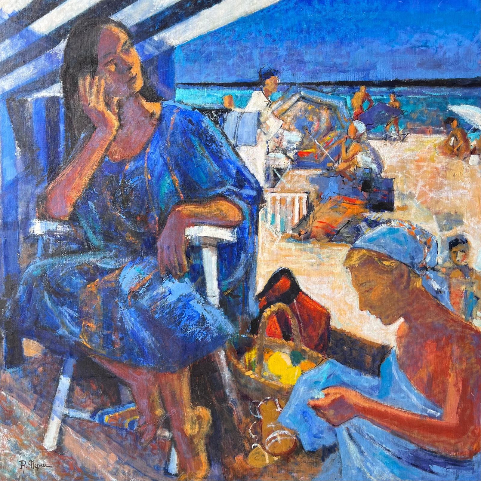 Pierre Neveubeach Figures Under Striped Tent With Busy Summer Scene Warm French Oil Painting