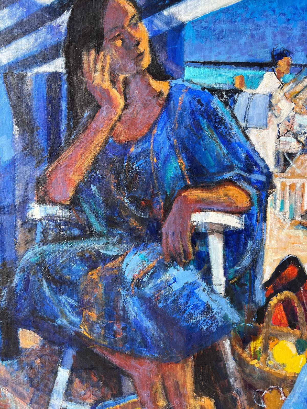 Pierre Neveubeach Figures Under Striped Tent With Busy Summer Scene Warm French Oil Painting photo Art