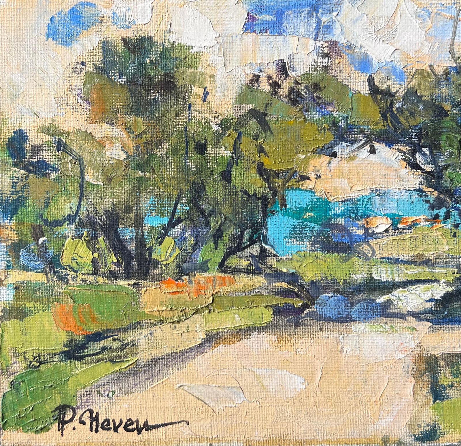 Pierre Neveusmall Landscape With Trees And Blue Water Beneath Warm Light French Oil Painting photo Art
