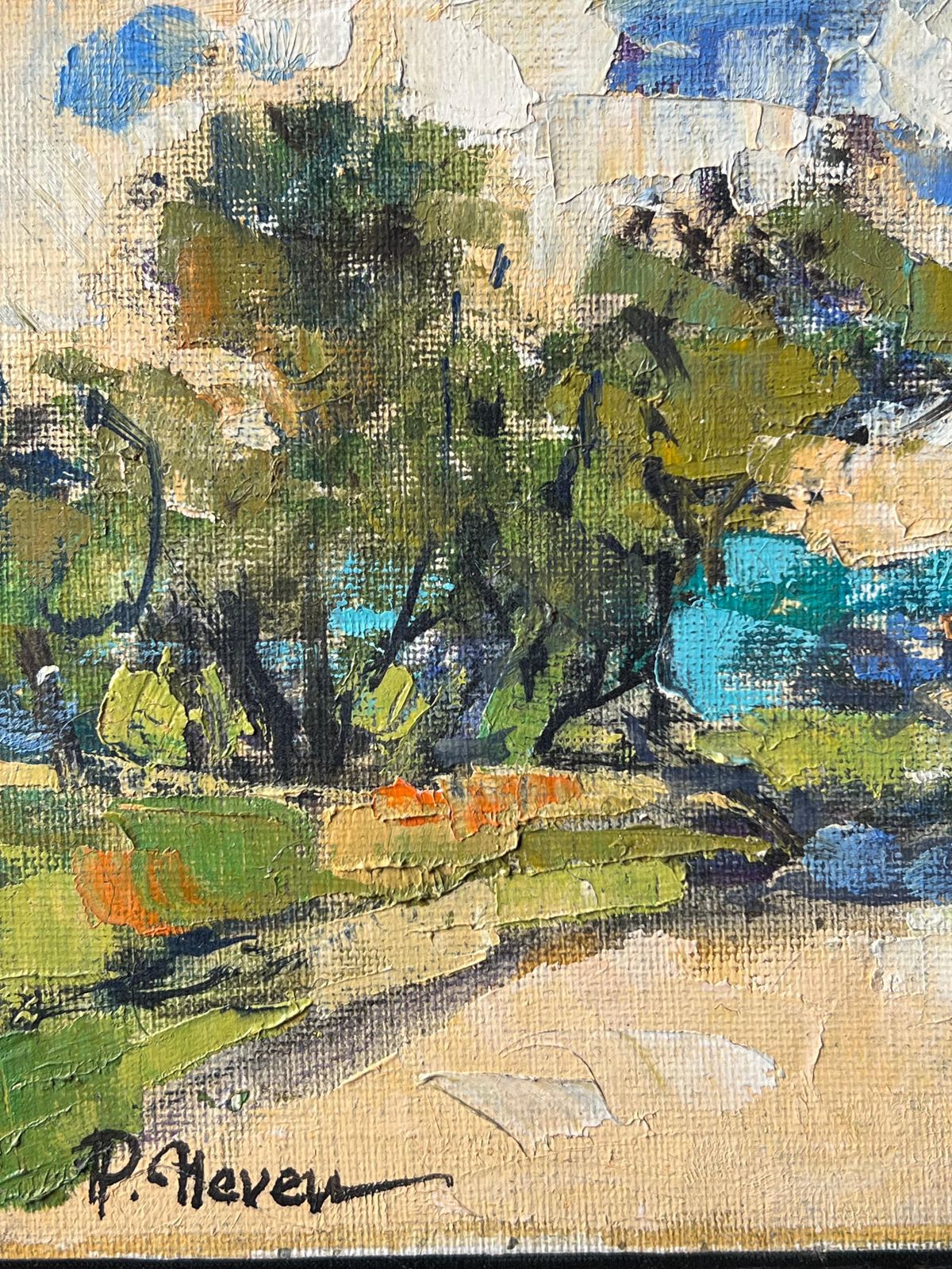Pierre Neveusmall Landscape With Trees And Blue Water Beneath Warm Light French Oil Painting photo 530.0