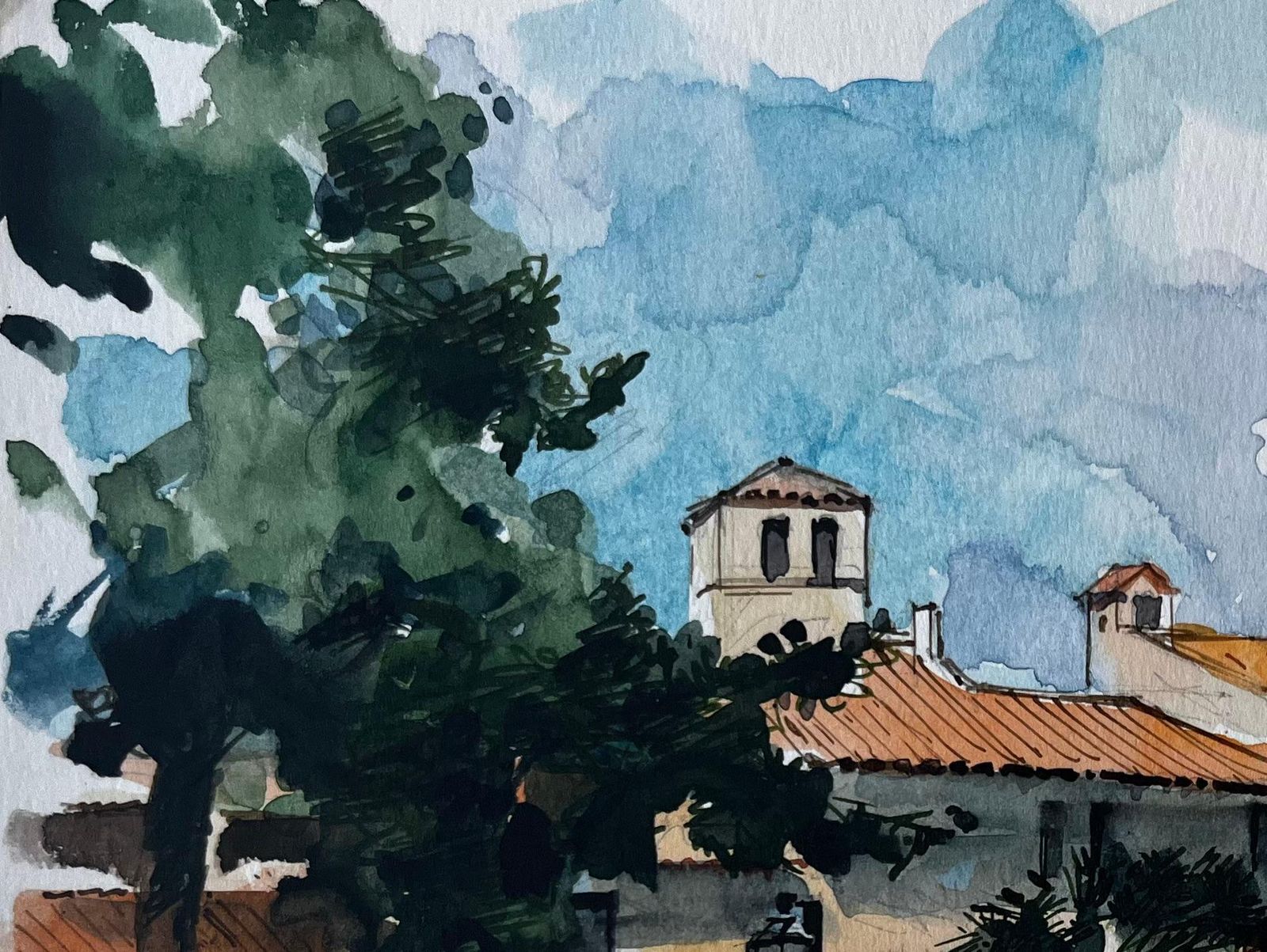 Pierre Neveumediterranean Village Rooftops Church Towers And Pine Trees Watercolor photo 402.0