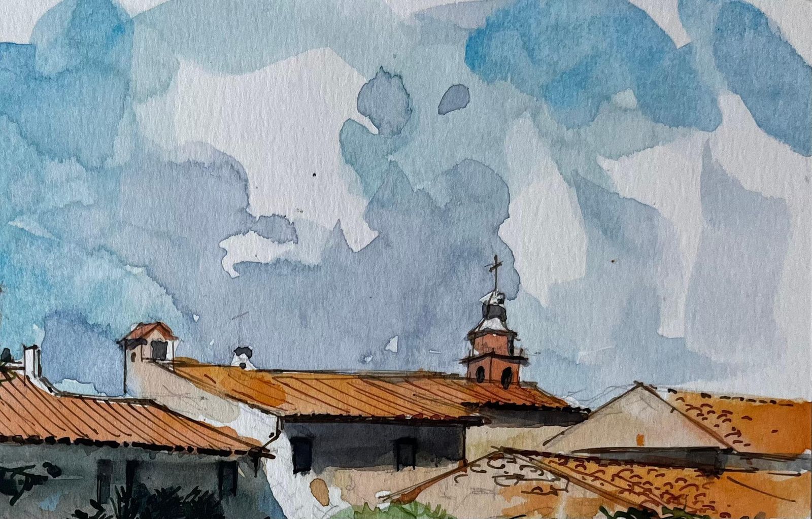 Pierre Neveumediterranean Village Rooftops Church Towers And Pine Trees Watercolor photo vinterior