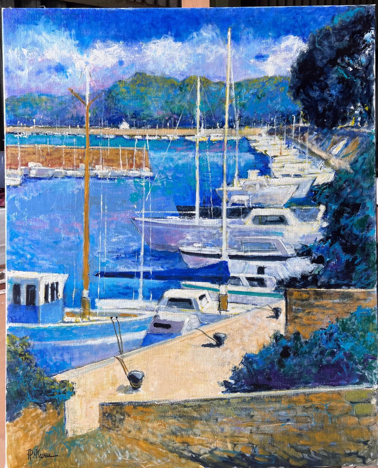 Pierre Neveusunny Sailboats In Blue Marina By Green Hills At Harbour French Oil Painting photo furniture