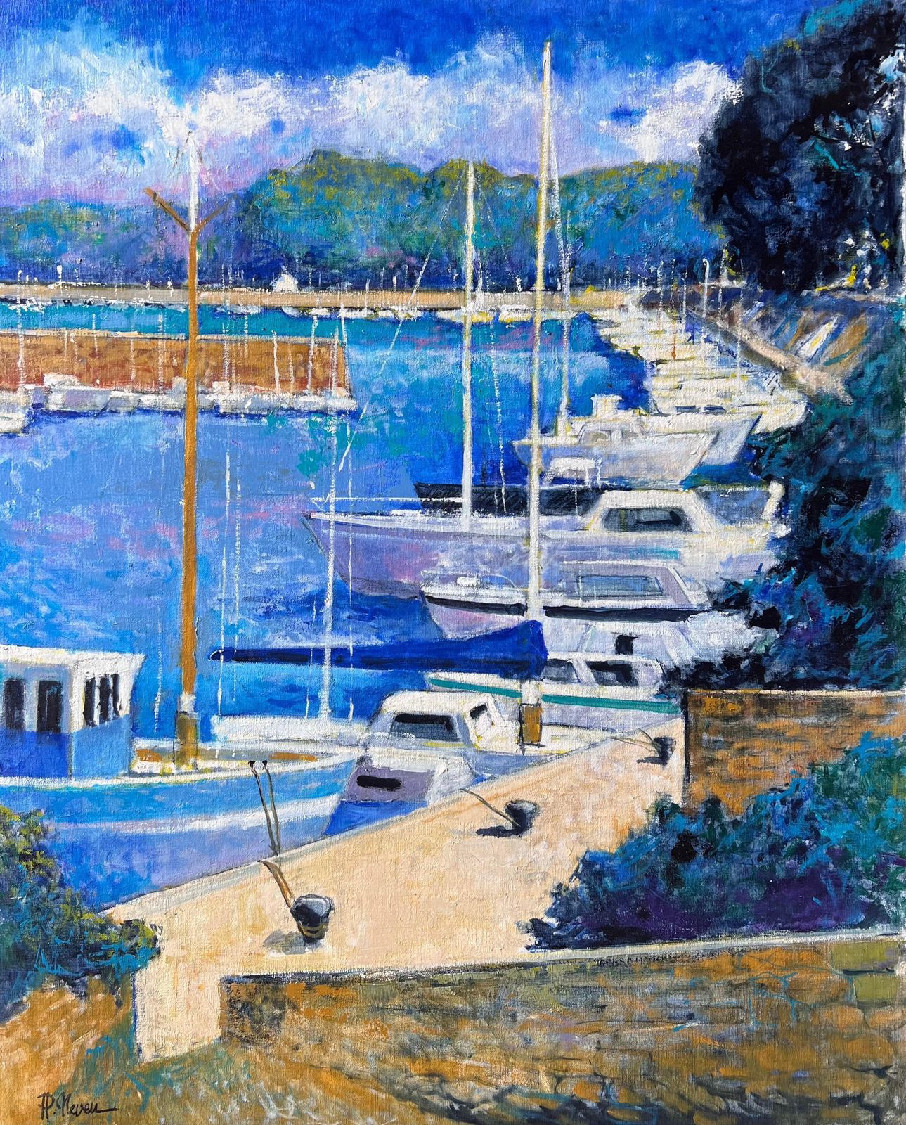 Pierre Neveusunny Sailboats In Blue Marina By Green Hills At Harbour French Oil Painting photo for sale