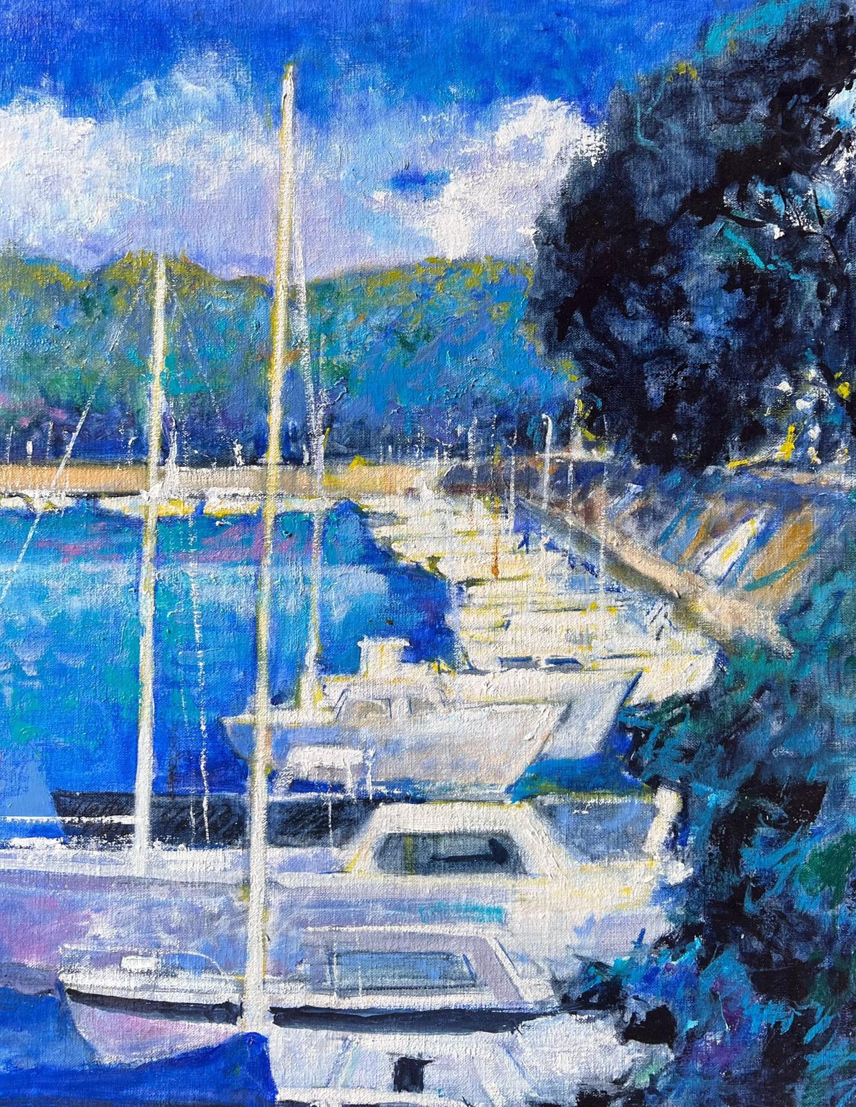 Pierre Neveusunny Sailboats In Blue Marina By Green Hills At Harbour French Oil Painting photo buy