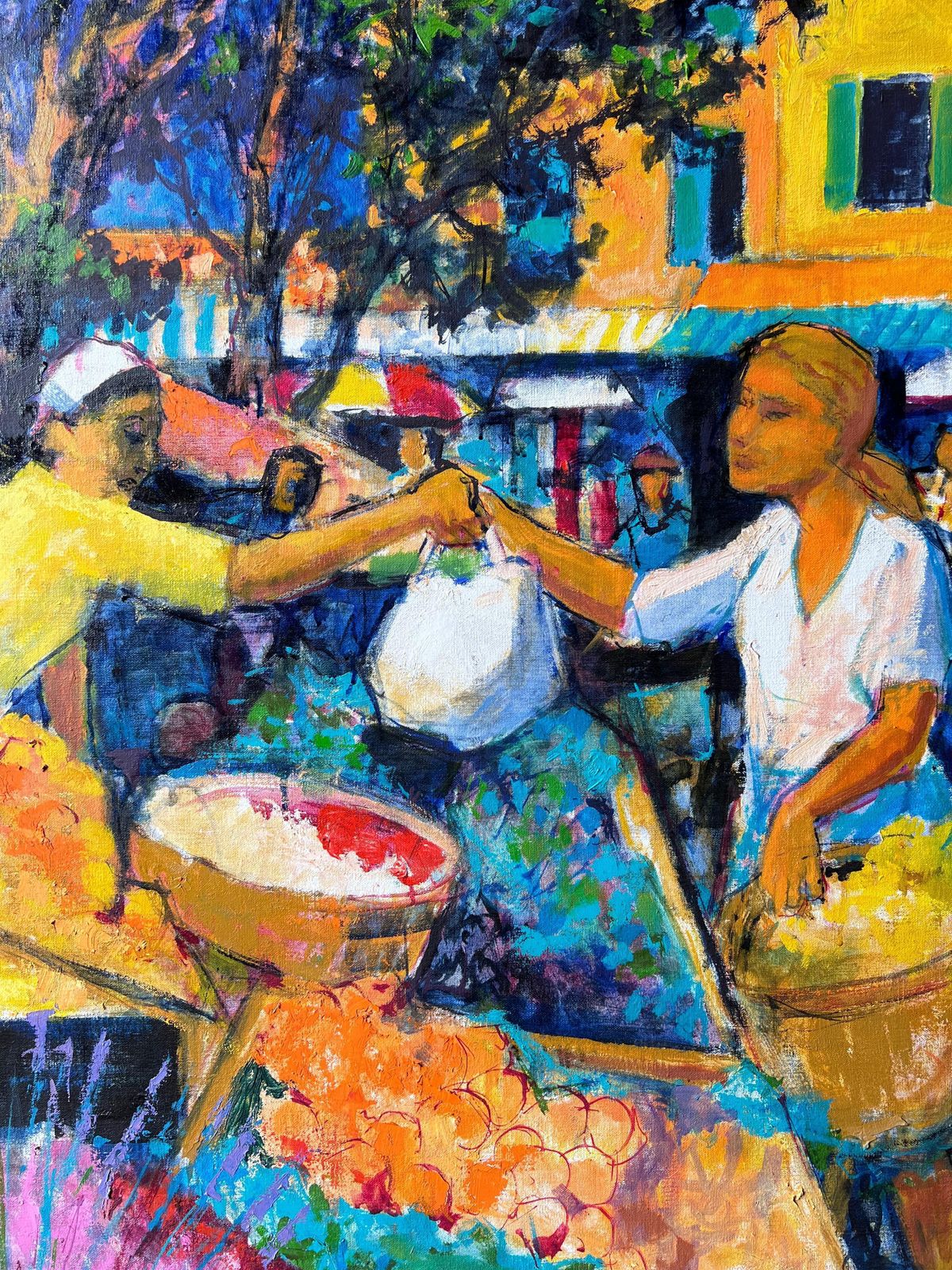 Pierre Neveucolorful Market Scene With Figures Exchanging Fruit In Bright Stalls French Oil photo vinterior