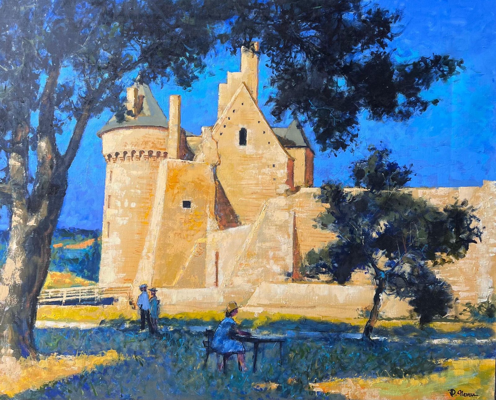 Pierre Neveuchateau De Suscinio Sunlit Castle With Artists Under Trees A French Oil Painting