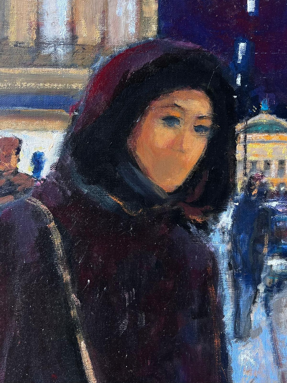 Pierre Neveuwoman On Paris Opera Snowy Street At Night With Lights French Oil Painting photo vinterior