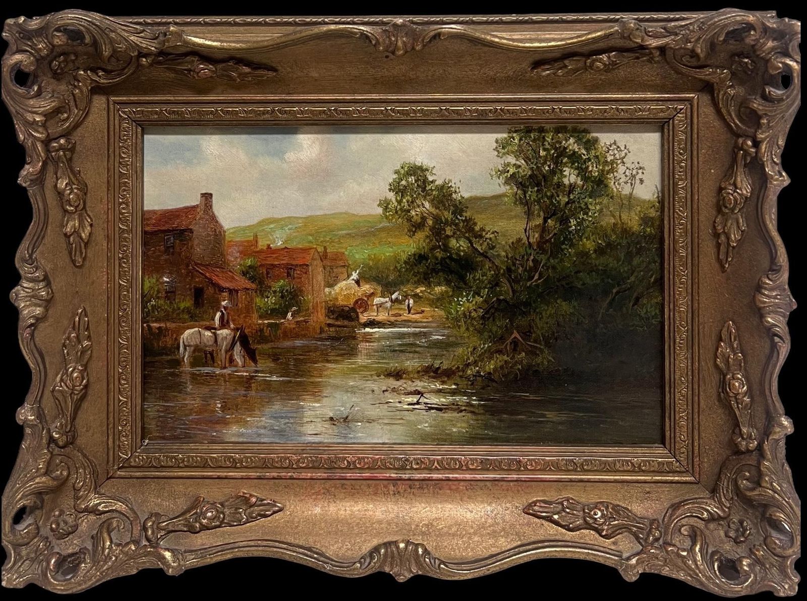 English School (19th Century)antique English Oil Painting Figures Loading The Hay Cart Beside The River