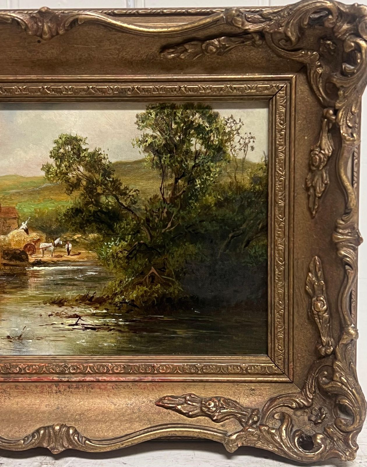 English School (19th Century)antique English Oil Painting Figures Loading The Hay Cart Beside The River photo Art