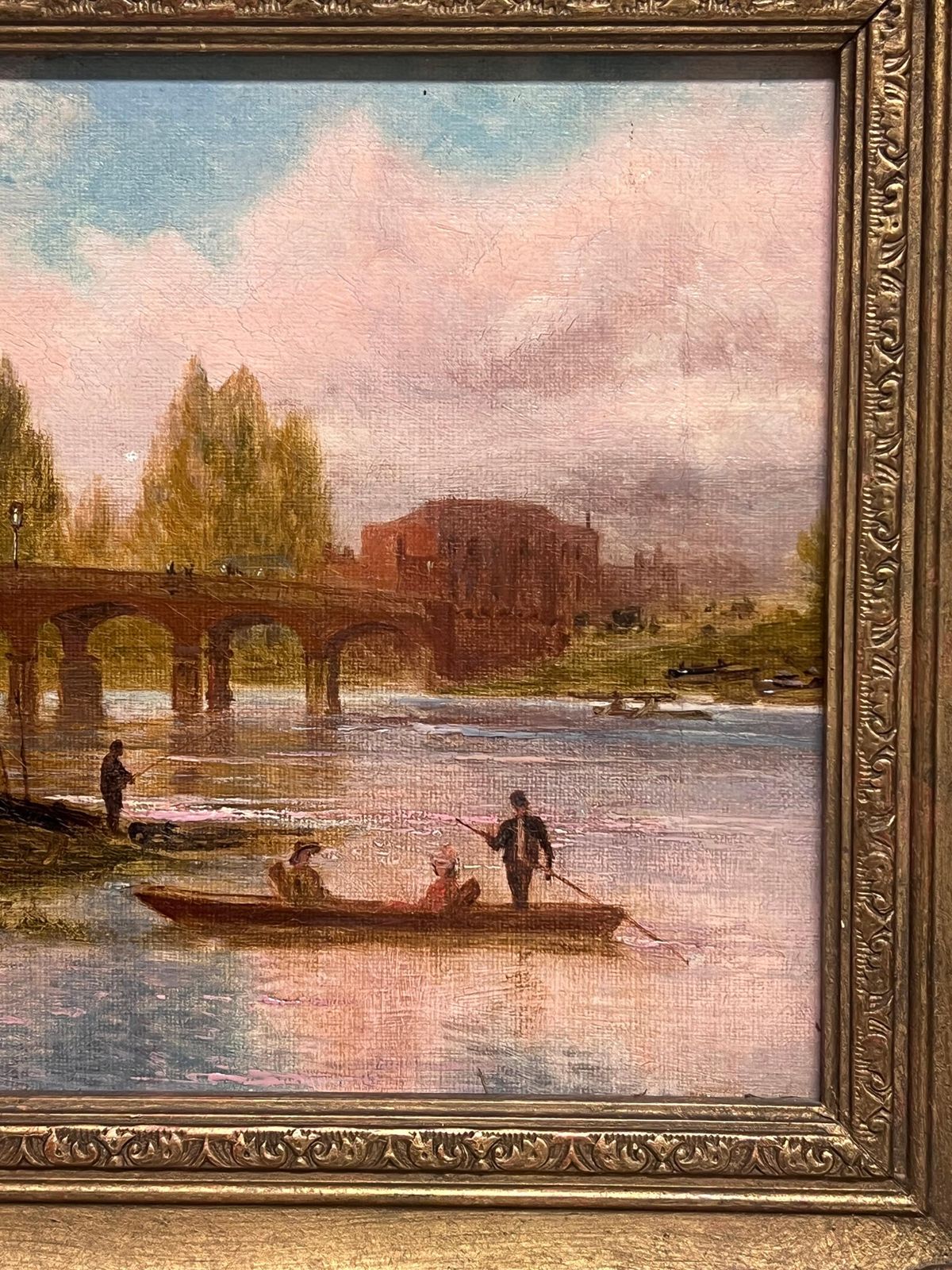 English School (19th Century)antique English Oil Painting Elegant Figures By River Ancient Castle Building photo furniture