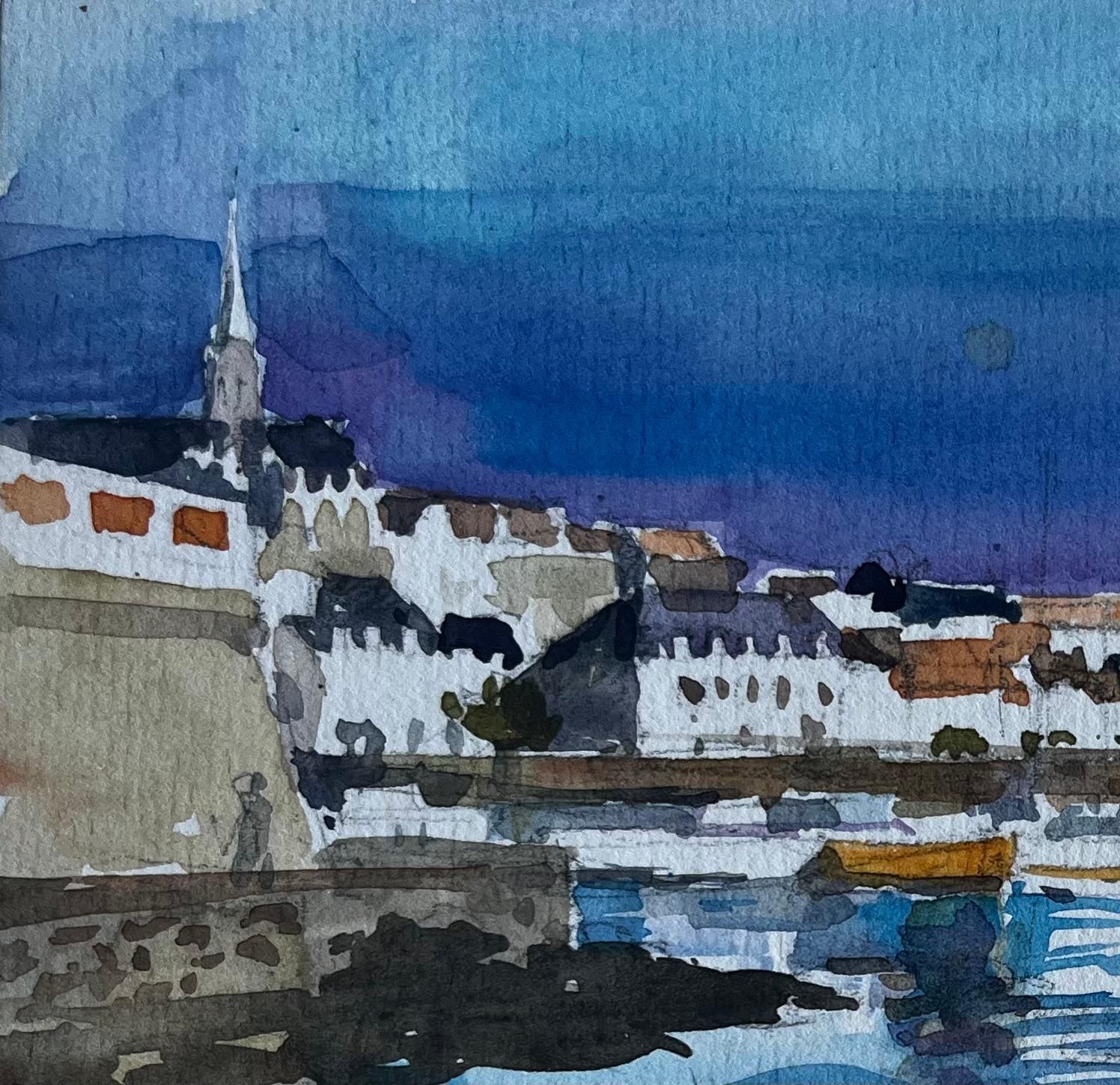 Pierre Neveuevening Harbour Scene Brittany Coast Watercolour Seascape By Pierre Neveu photo for sale