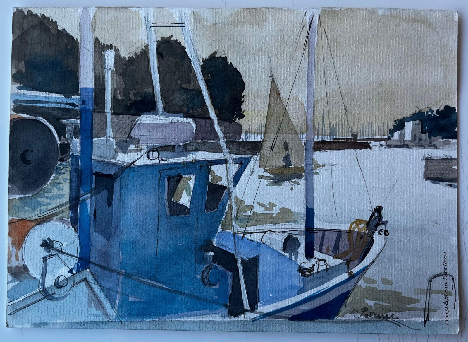 Pierre Neveublue Fishing Boat In Brittany Harbour French Watercolour By Pierre Neveu photo furniture