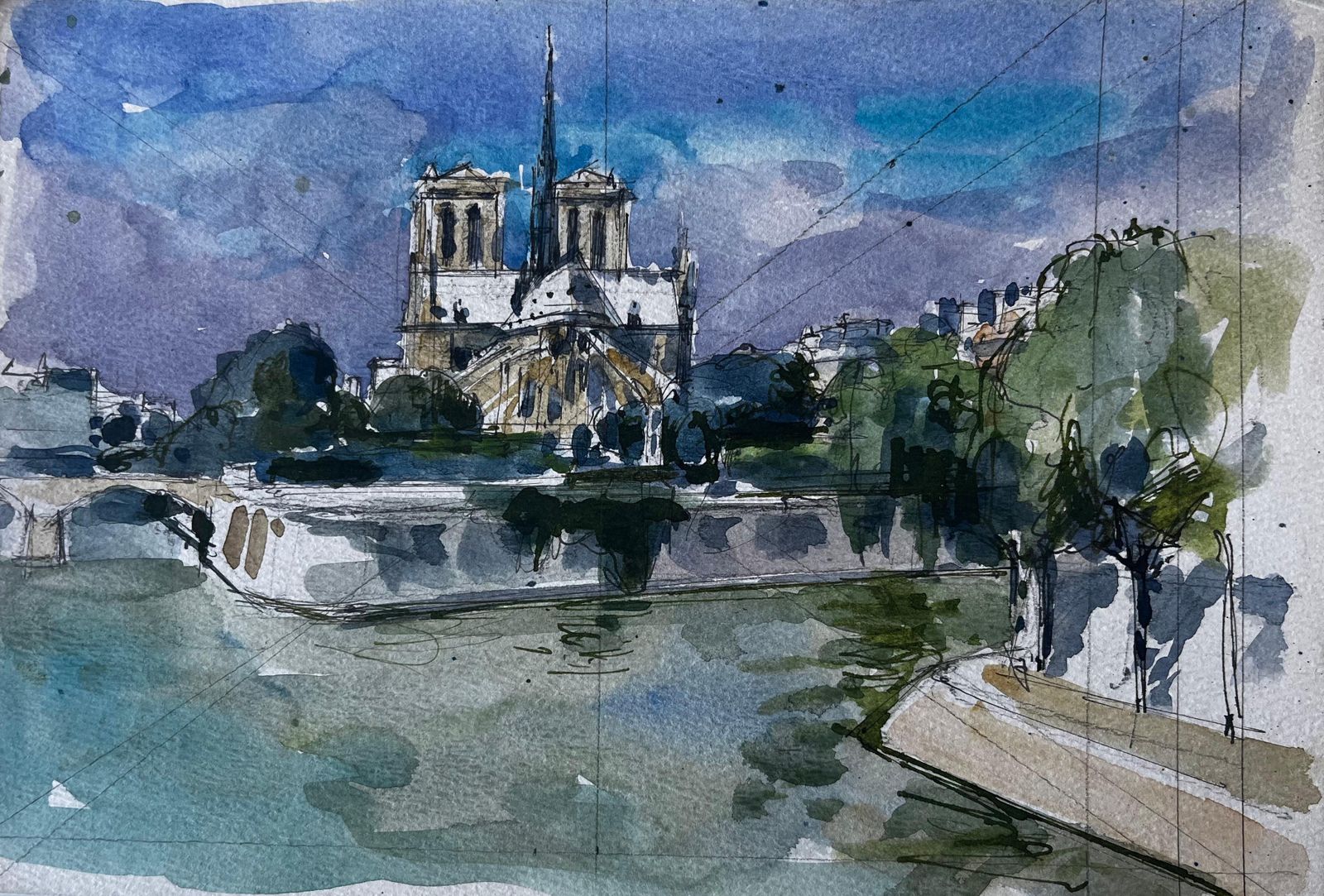 Pierre Neveunotre Dame Cathedral Paris River Seine French Watercolour Cityscape