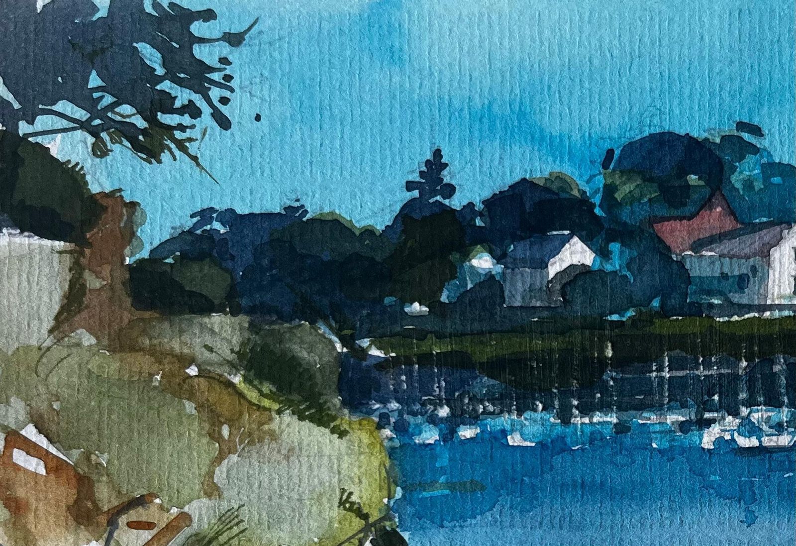 Pierre Neveufrench Harbour With Moored Boats And Clifftop Houses Watercolour By Pierre Neveu photo 555.0