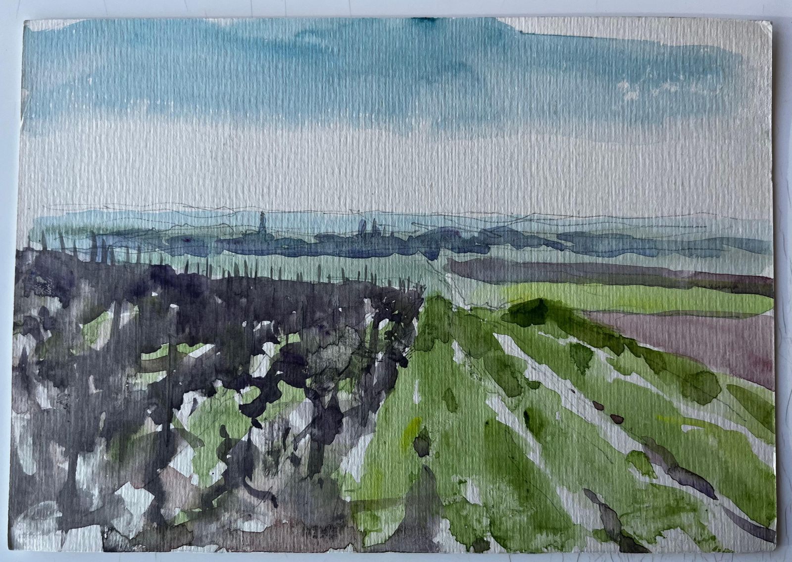Pierre Neveuexpansive French Countryside With Distant Horizon Watercolour By Pierre Neveu photo furniture