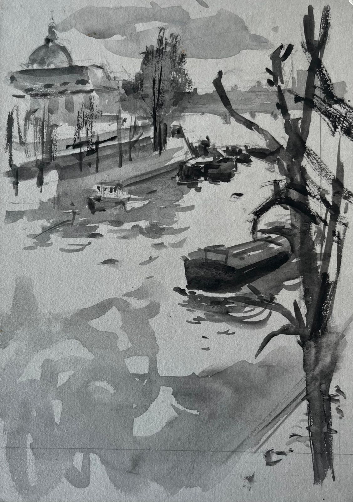Pierre Neveuriverside Boats And Dome French Ink Wash Watercolour By Pierre Neveu