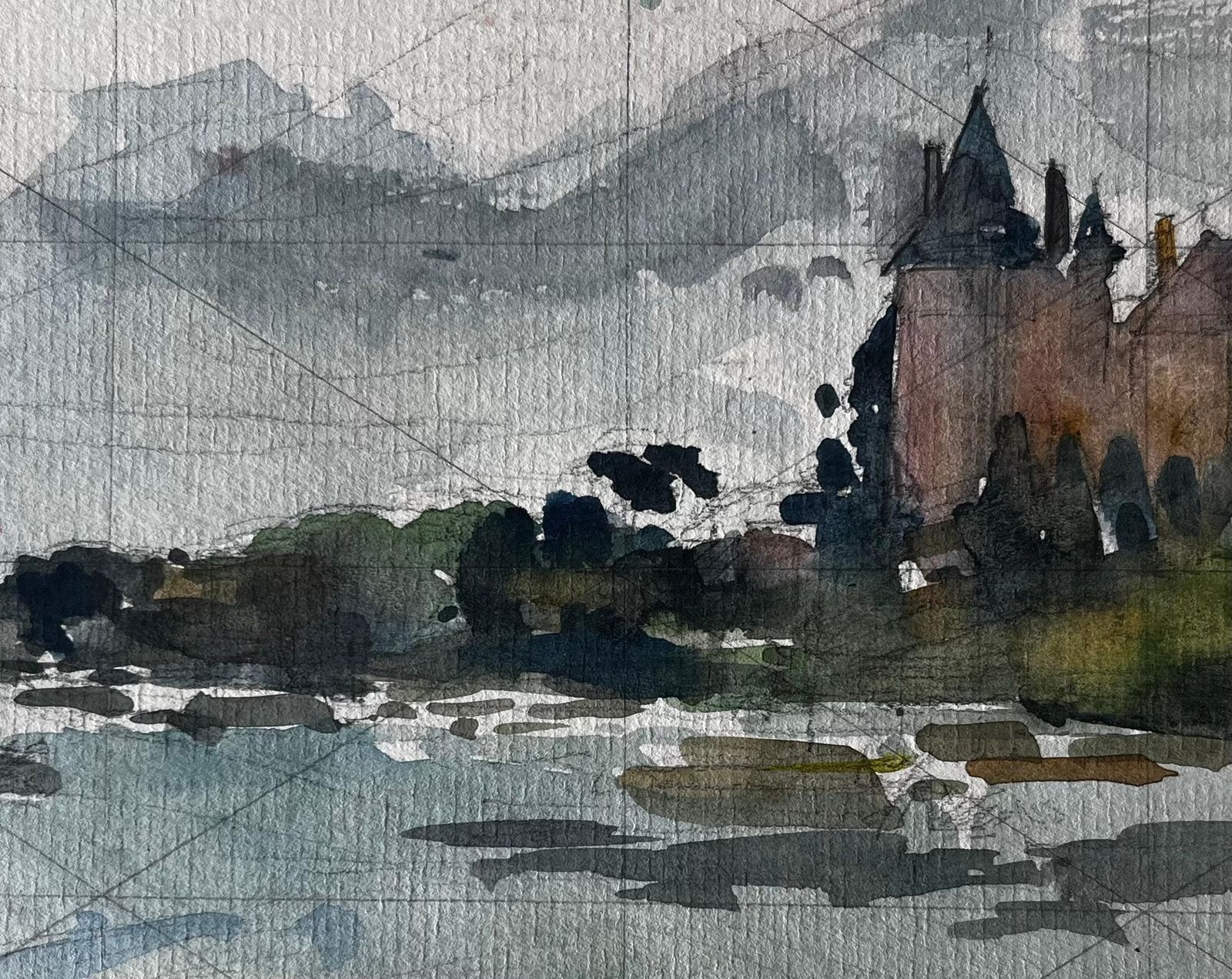 Pierre Neveufrench Château By The Water Atmospheric Study Watercolour By Pierre Neveu photo buy