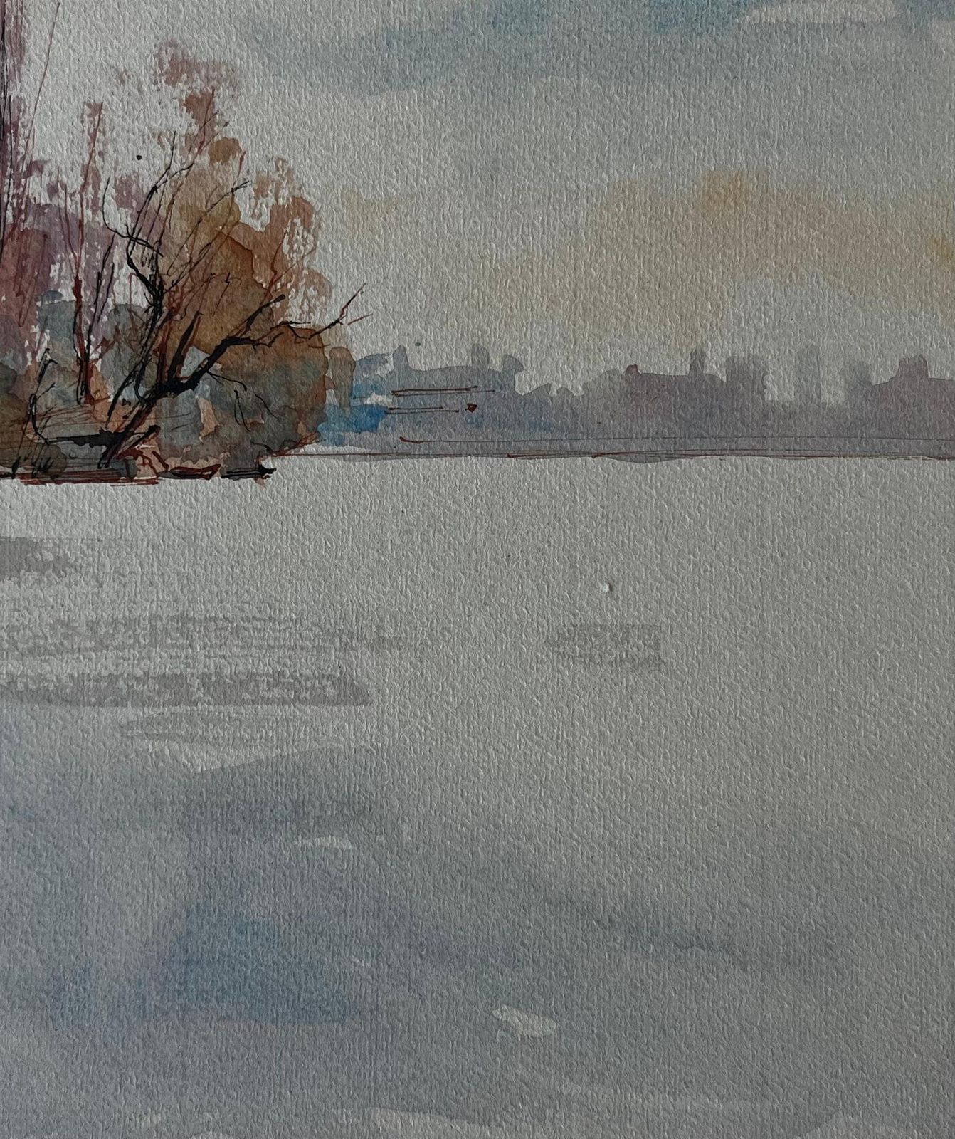 Pierre Neveuriverside Landscape In Winter Light Watercolour By Pierre Neveu photo 555.0