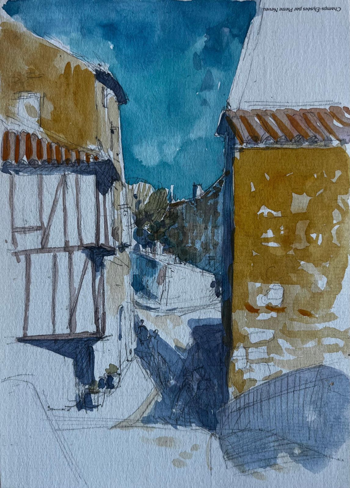 Pierre Neveumedieval Village Street Scene Southwest France Watercolour By Pierre Neveu