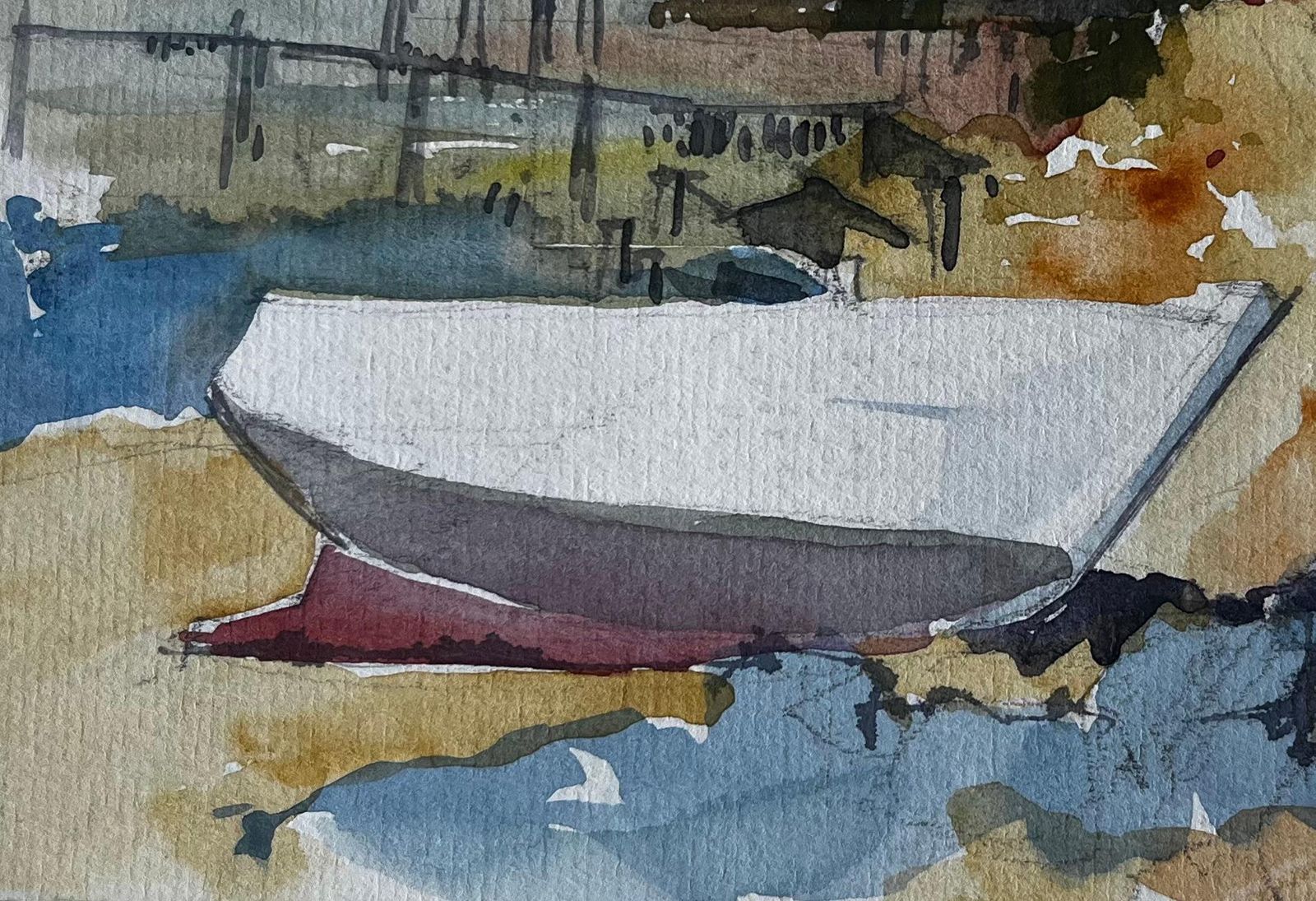 Pierre Neveumindin Estuary Scene With Boat And Carrelets French Coastal Watercolour photo 505.0