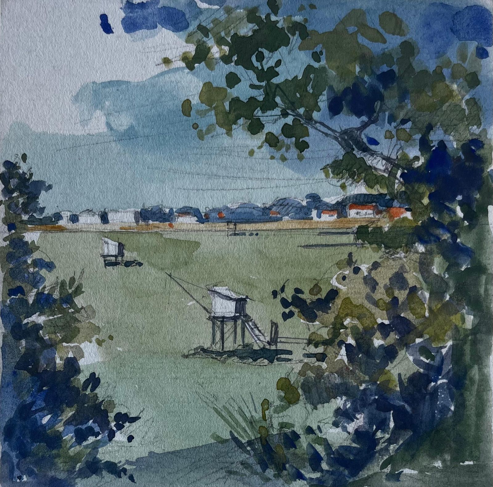 Pierre Neveule Pontreau French Coastal Fishing Huts Watercolour Maritime Scene