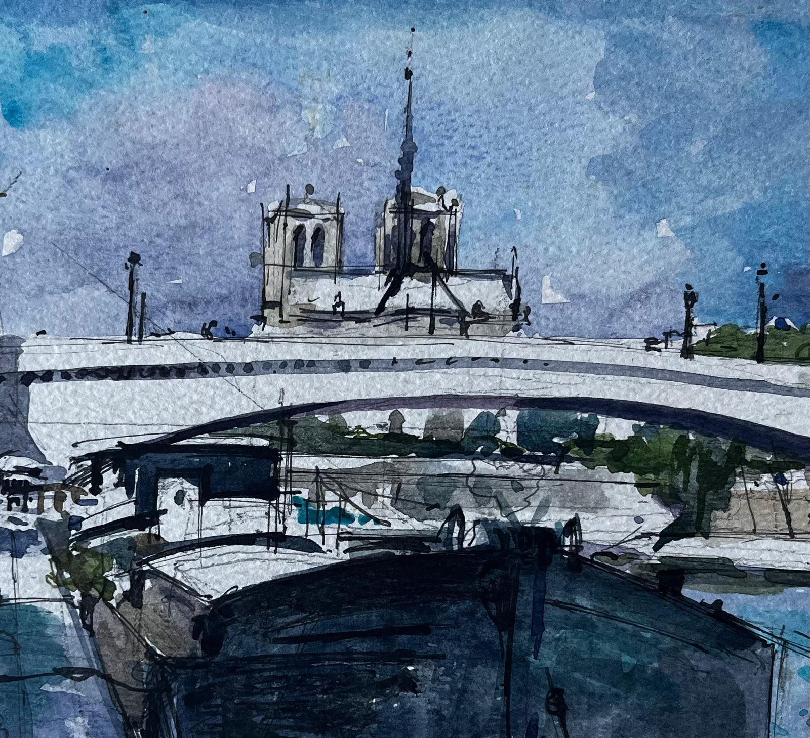 Pierre Neveunotre Dame Cathedral Paris River Seine Boats French Watercolour By Pierre Neveu photo buy
