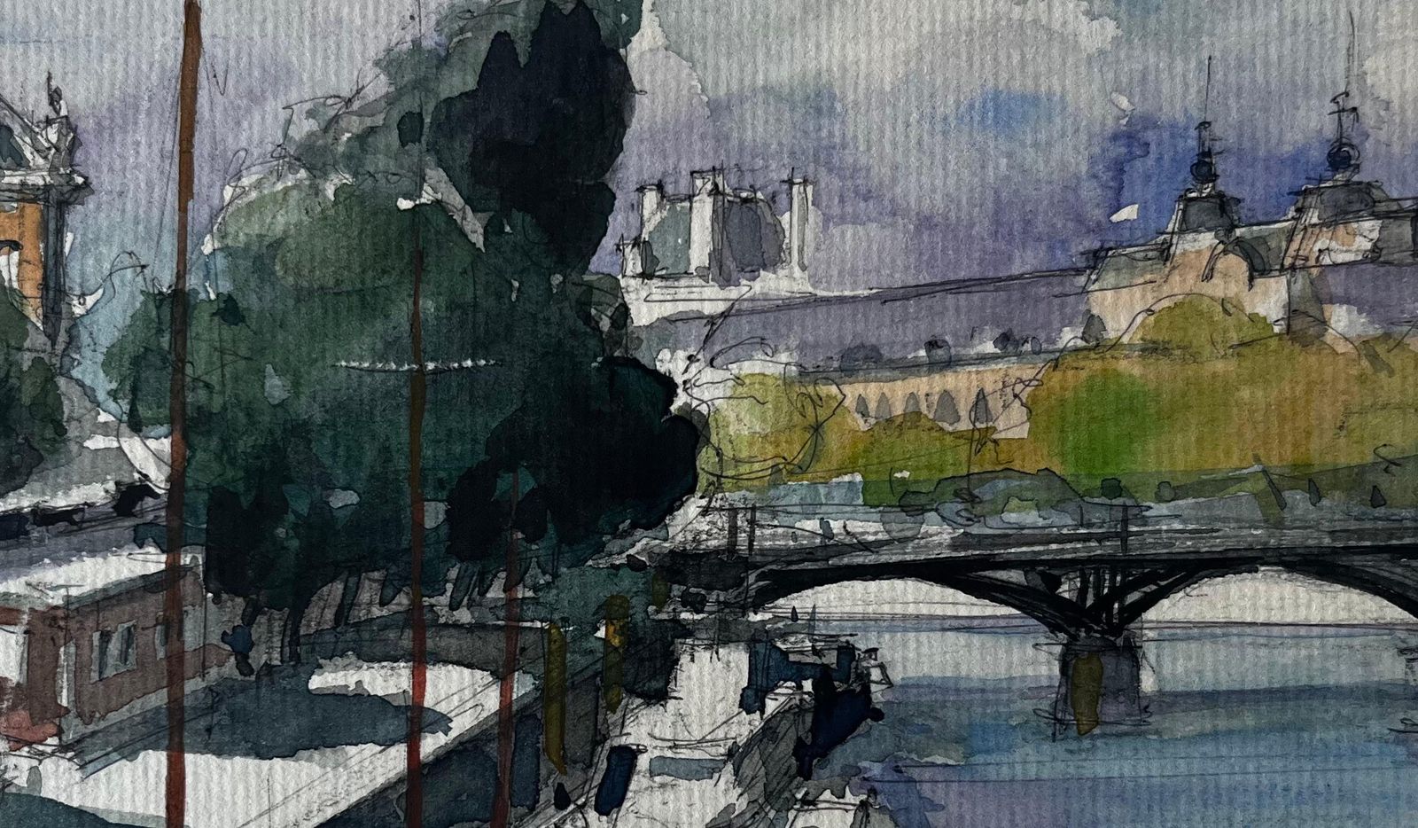 Pierre Neveuparis River Seine Bridge And Boats French Watercolour Cityscape By Pierre Neveu photo buy