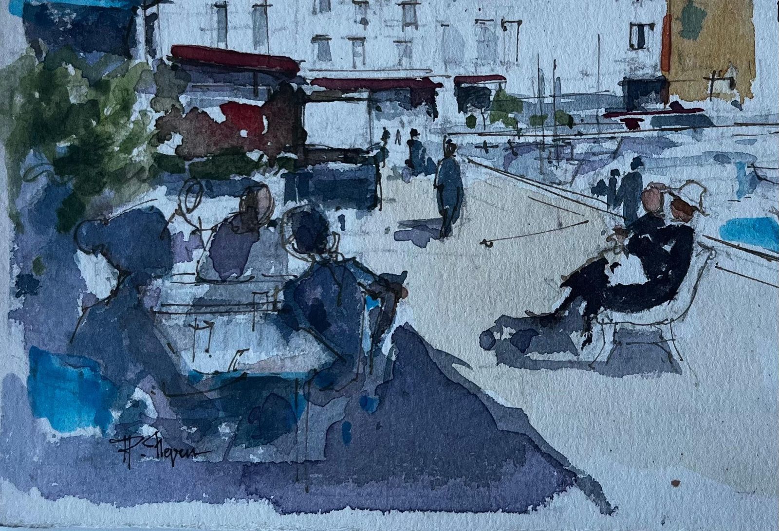 Pierre Neveuharbour Promenade At Cassis South Of France French Watercolour By Pierre Neveu photo buy
