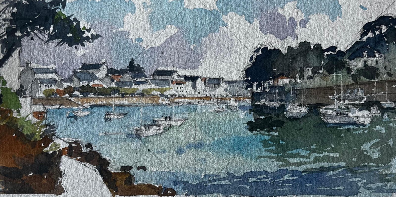 Pierre Neveufrench Brittany Harbour Scene Coastal Watercolour Seascape By Pierre Neveu
