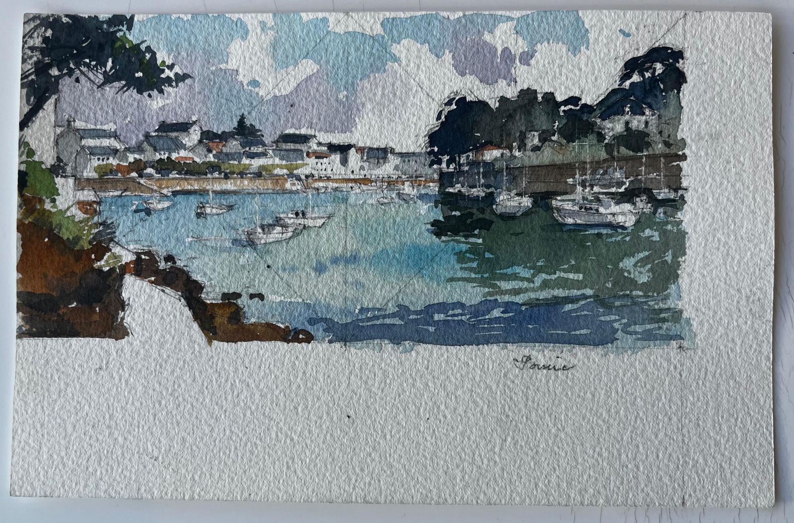 Pierre Neveufrench Brittany Harbour Scene Coastal Watercolour Seascape By Pierre Neveu photo furniture