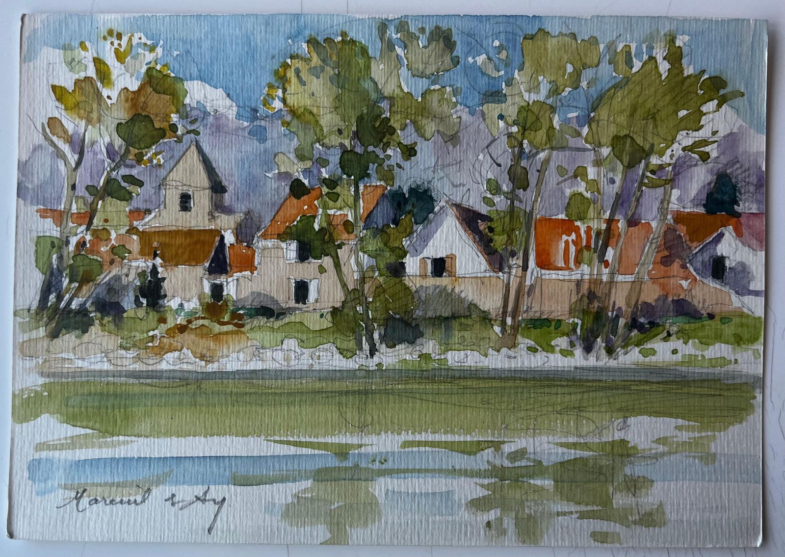 Pierre Neveuhameau De Loy Riverside Village French Watercolour By Pierre Neveu photo furniture