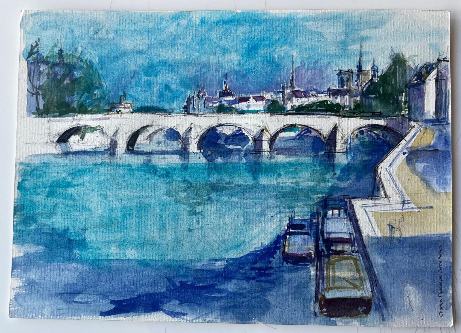 Pierre Neveupont Neuf Paris River Seine Bridge French Watercolour Cityscape By Pierre Neveu photo for sale