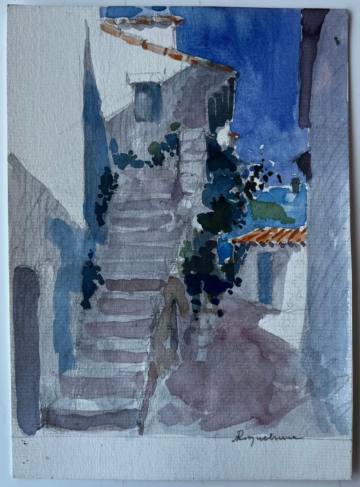 Pierre Neveuroquebrune Cap Martin Village Stairway French Riviera Watercolour photo furniture