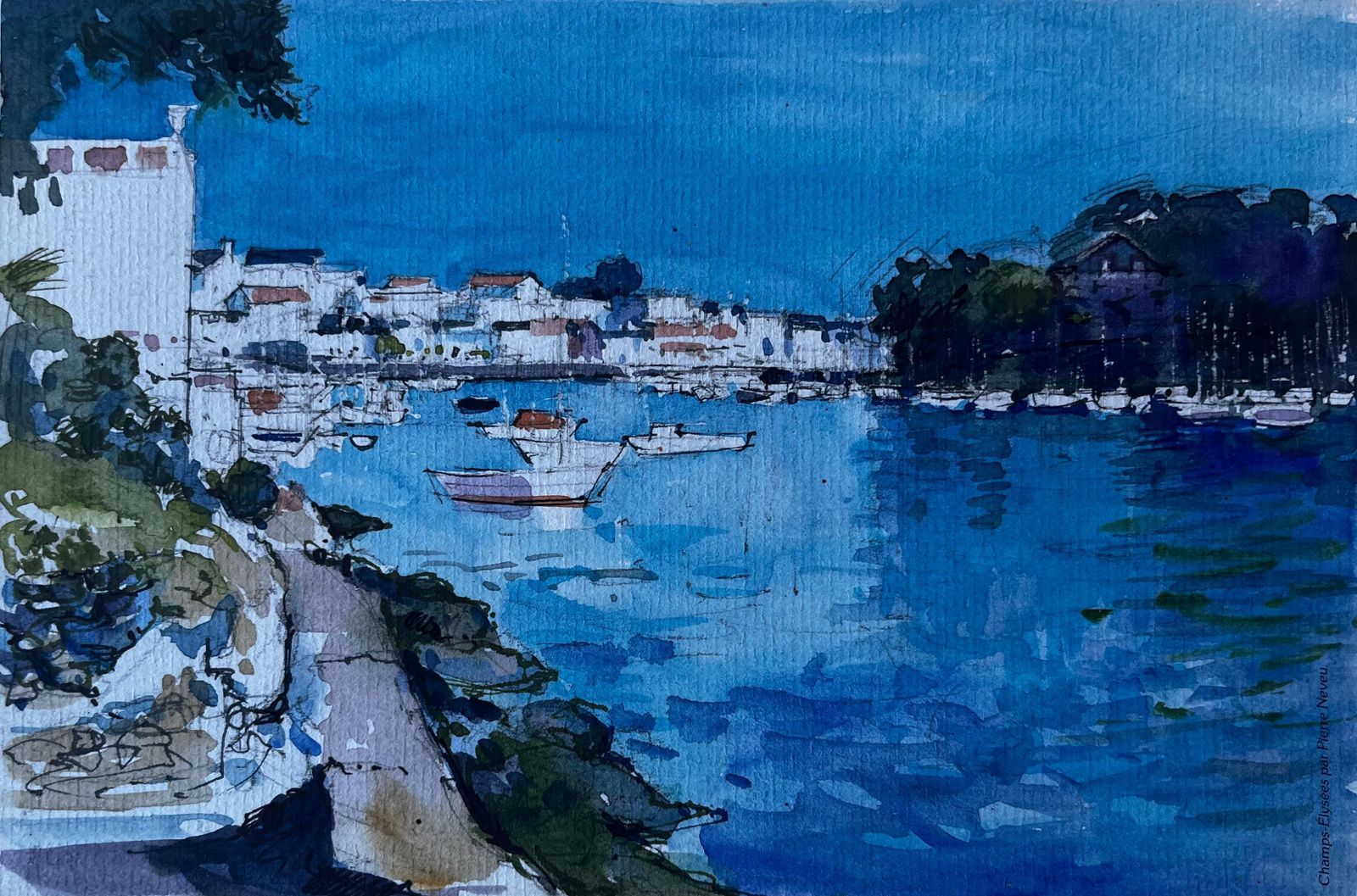 Pierre Neveuharbour At La Trinité Sur Mer Brittany French Coastal Watercolour