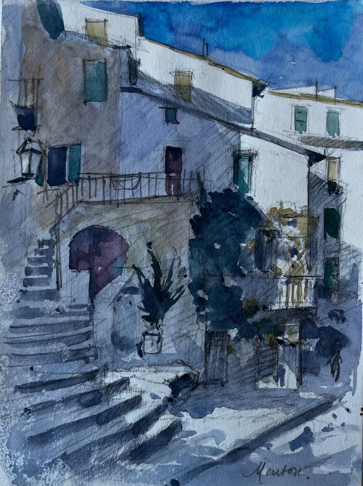 Pierre Neveusunlit Steps In Menton French Riviera Street Scene Watercolour By Pierre Neveu