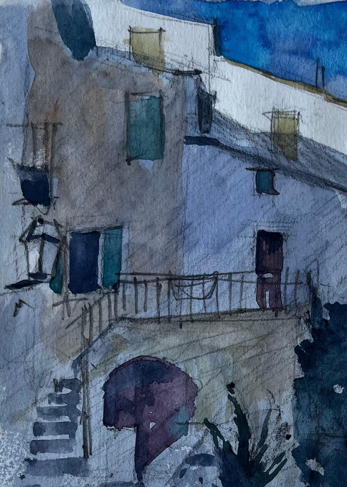 Pierre Neveusunlit Steps In Menton French Riviera Street Scene Watercolour By Pierre Neveu photo for sale